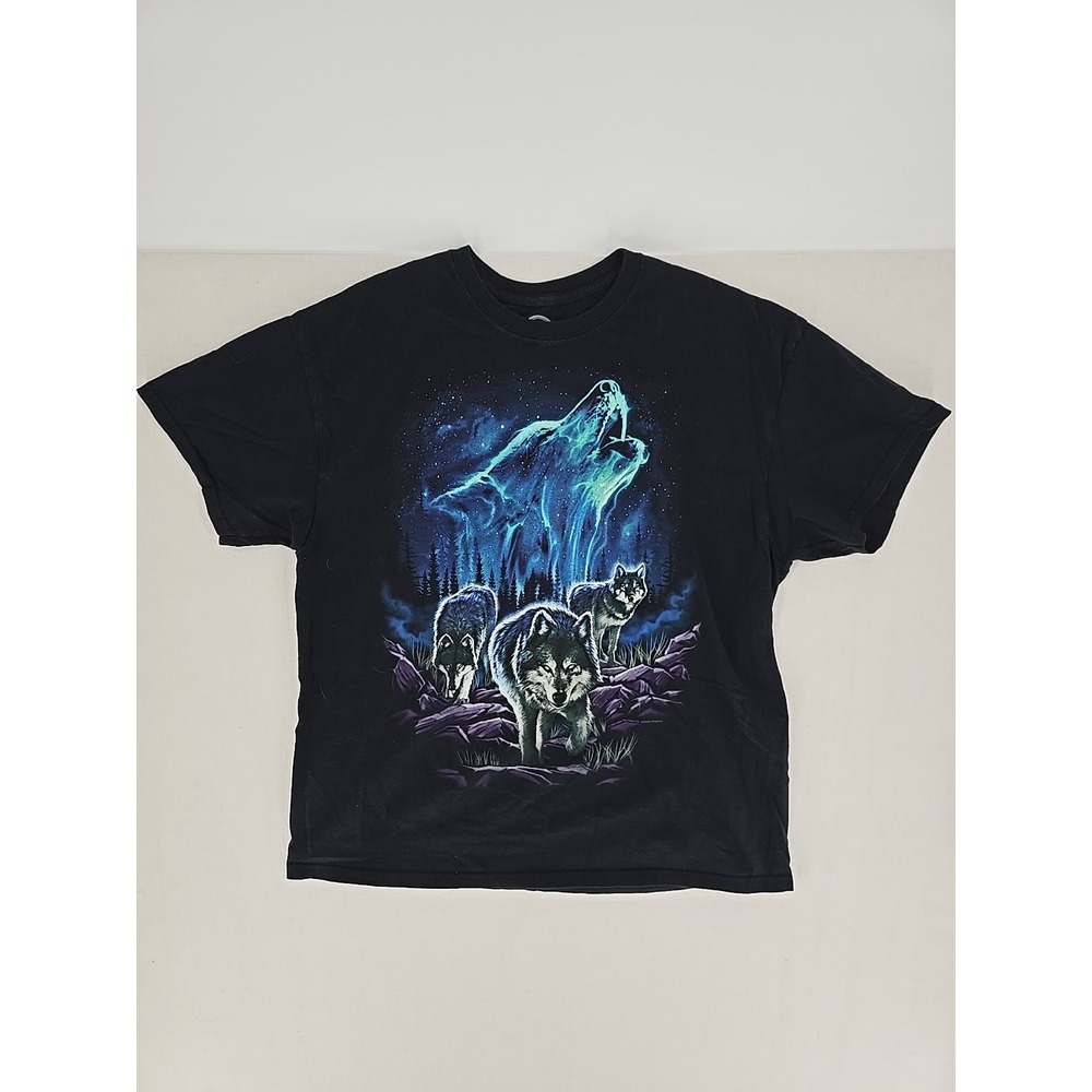 DOM Men T-Shirt Sz XL Black Wolf Howling Graphic Short Sleeve Crew‎ Neck Tee